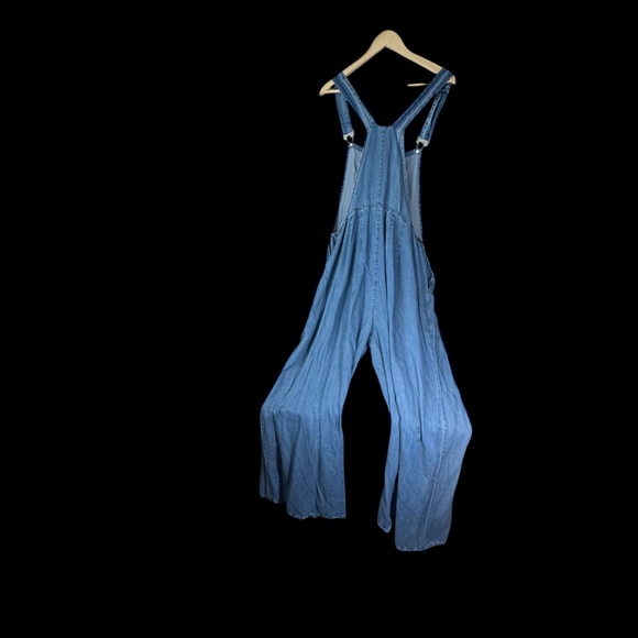 Flowy Chambray Pleated Wide Leg Oversized Racerback Overalls/Jumpsuit - Picture 3 of 9